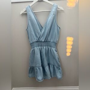 American Eagle Denim Romper Small Chambray V-Neck Smocked Waist Tiered